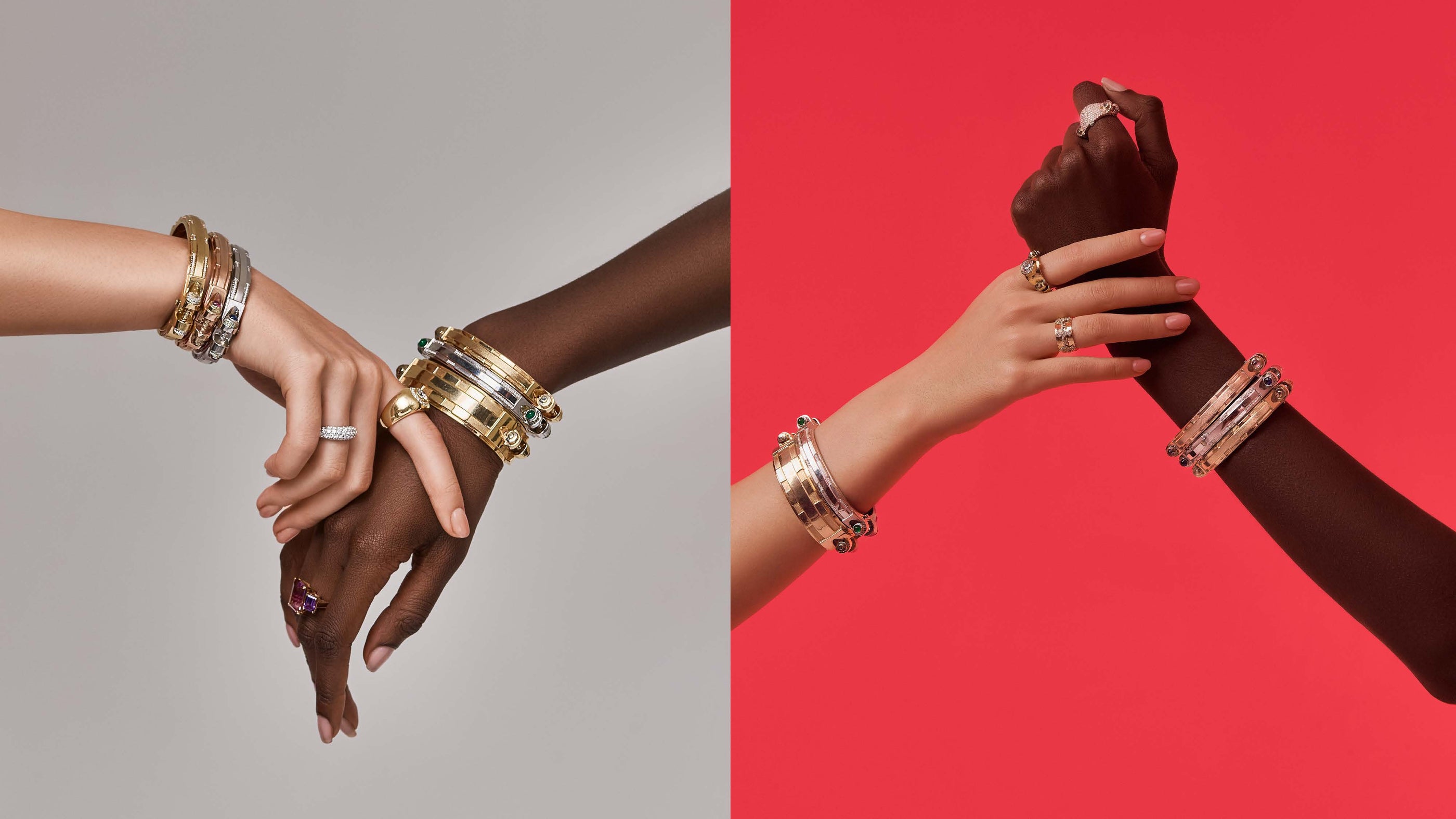 Gauhar Coupling Collection split-frame editorial — yellow gold and rose gold sculptural bracelet stacks with diamond rings.   