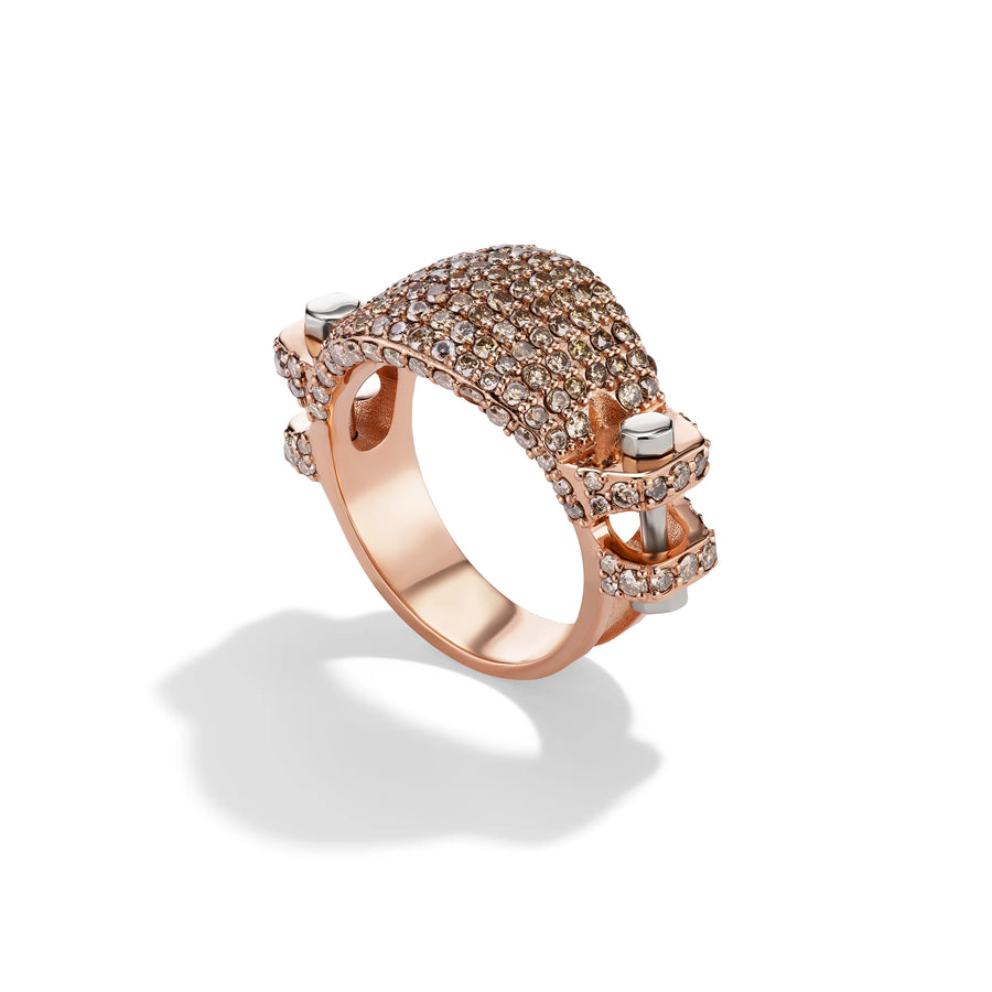 14k rose gold pavé diamond Coupling ring, angled view of nut-and-bolt design in rose gold with diamond pavé.   