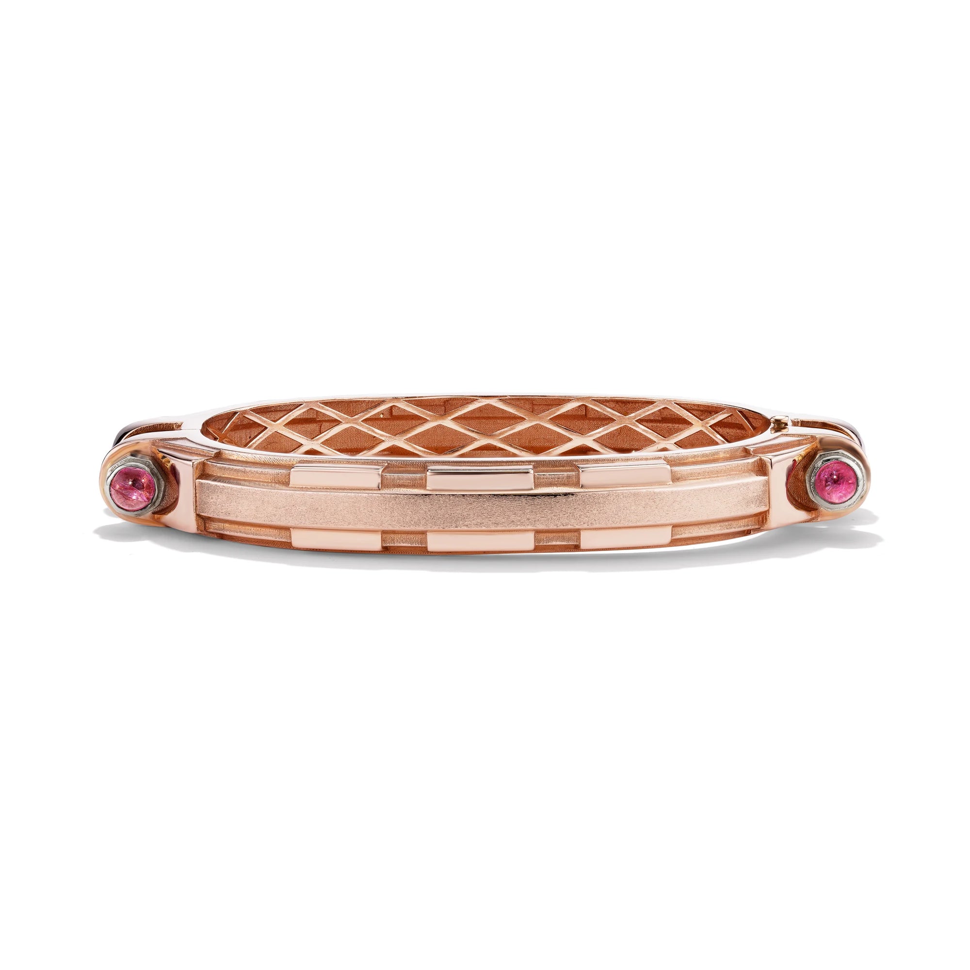 14k rose gold pink sapphire Coupling bracelet, front view of articulated industrial-inspired chain with cabochon bolts