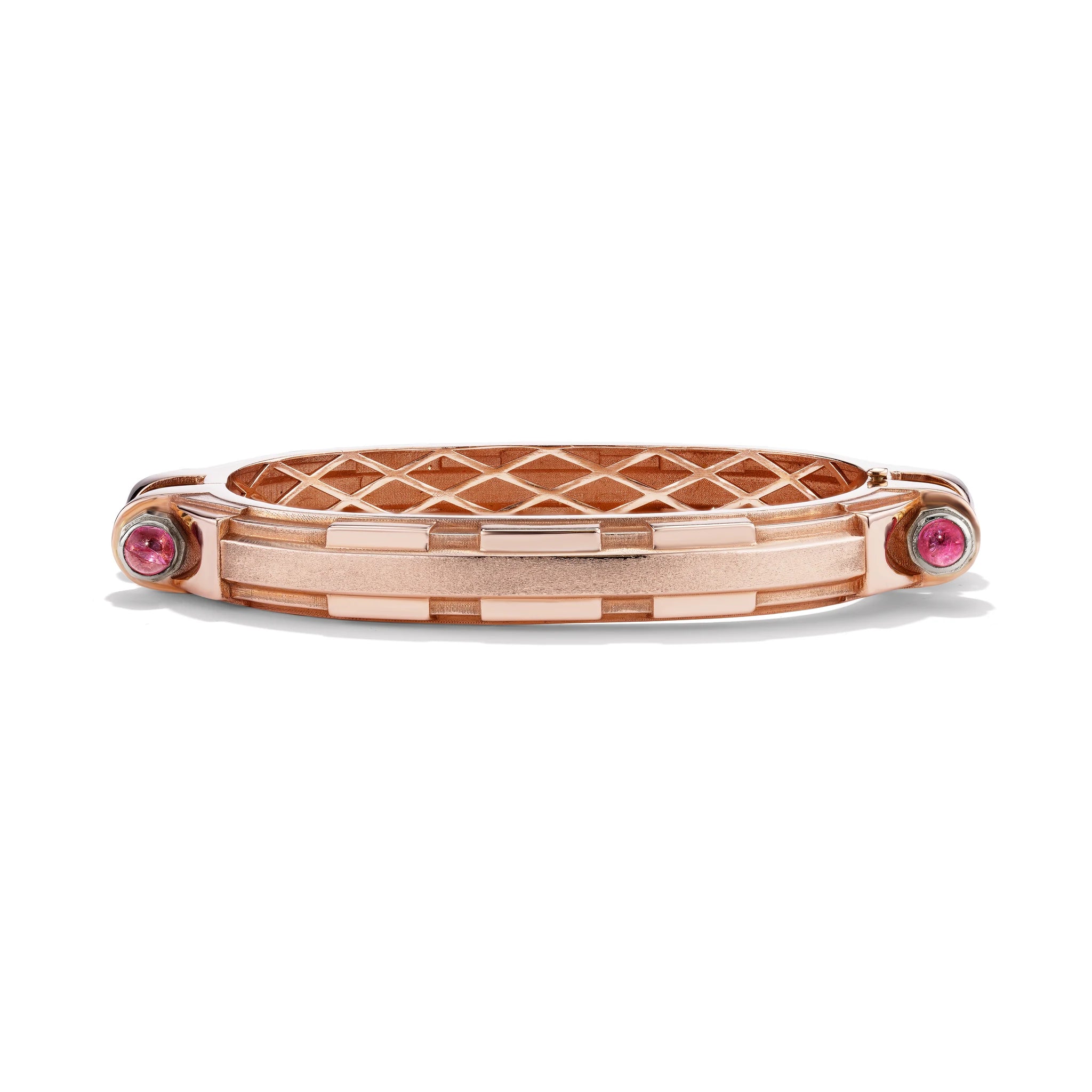 14k rose gold pink sapphire Coupling bracelet, front view of articulated industrial-inspired chain with cabochon bolts
