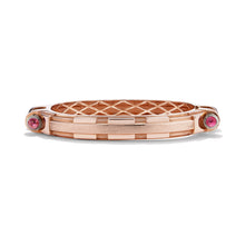 14k rose gold pink sapphire Coupling bracelet, front view of articulated industrial-inspired chain with cabochon bolts