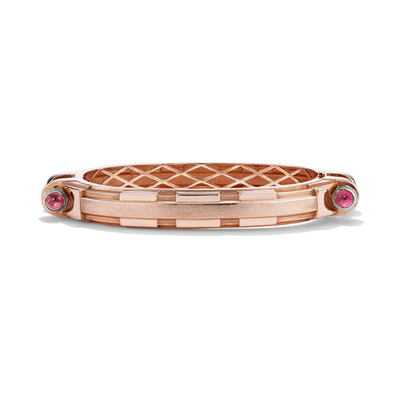 14k rose gold pink sapphire Coupling bracelet, front view of articulated industrial-inspired chain with cabochon bolts