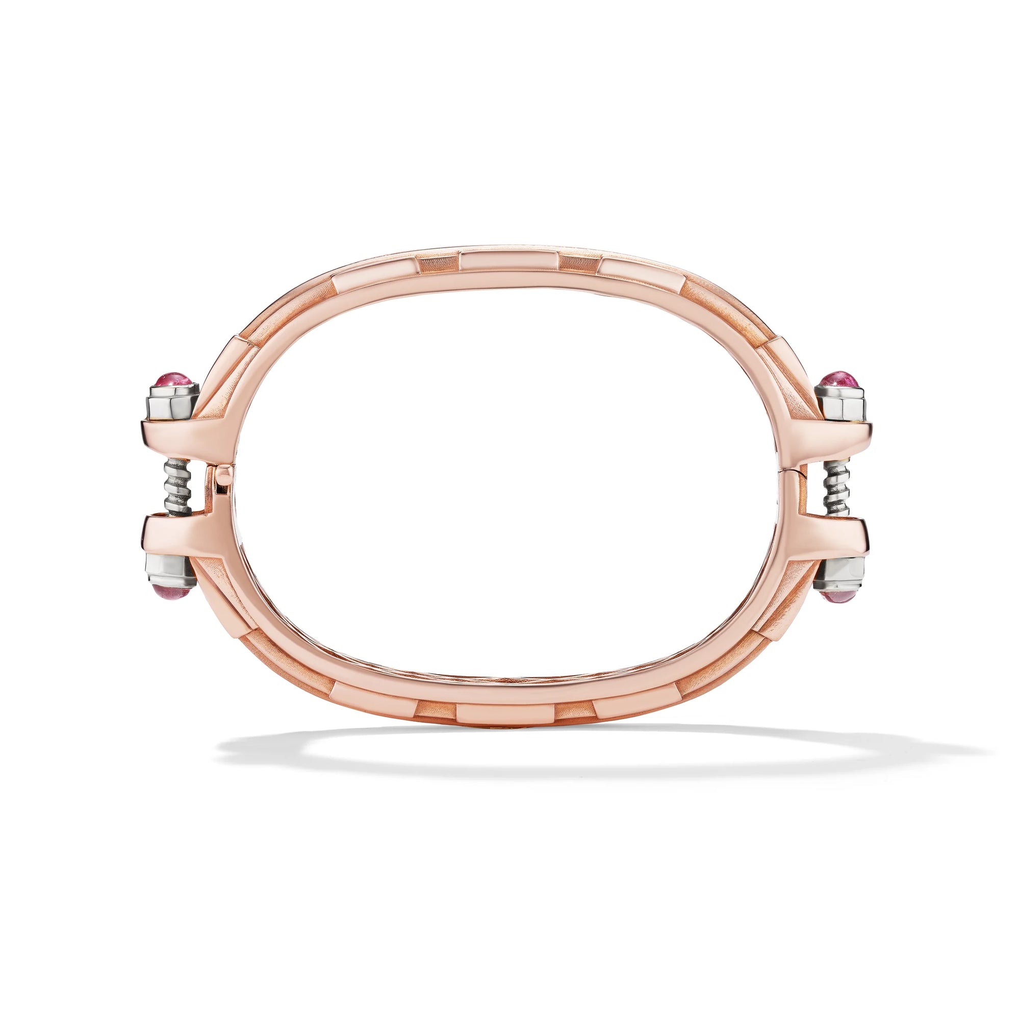 14k rose gold pink sapphire Coupling bracelet, vertical view of sculpted hardware-inspired articulated links.
