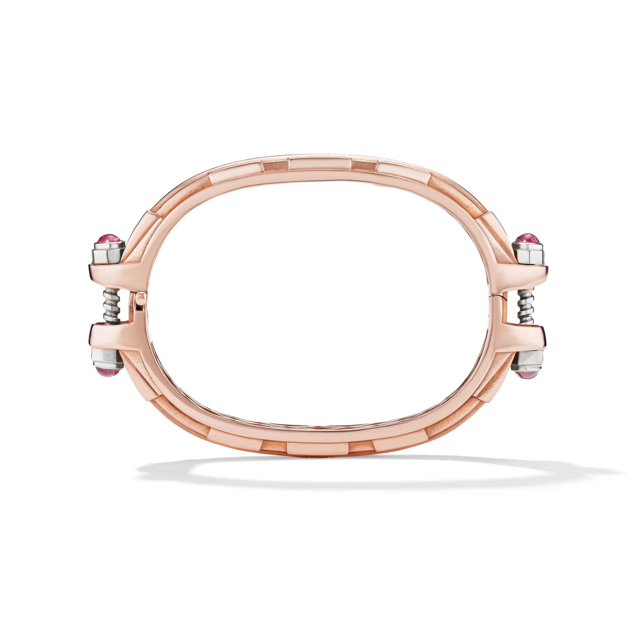 14k rose gold pink sapphire Coupling bracelet, vertical view of sculpted hardware-inspired articulated links.