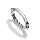 14k white gold Coupling bracelet, angled view with diamond pavé bolt heads, blue sapphire cabochon, white gold lattice.   