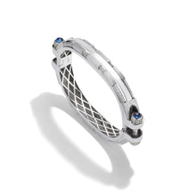 14k white gold Coupling bracelet, angled view with diamond pavé bolt heads, blue sapphire cabochon, white gold lattice.   