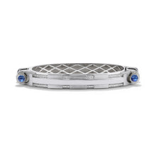 14k white gold diamond pavé and blue sapphire cabochon Coupling bracelet, front view of fine jewelry industrial chain.   