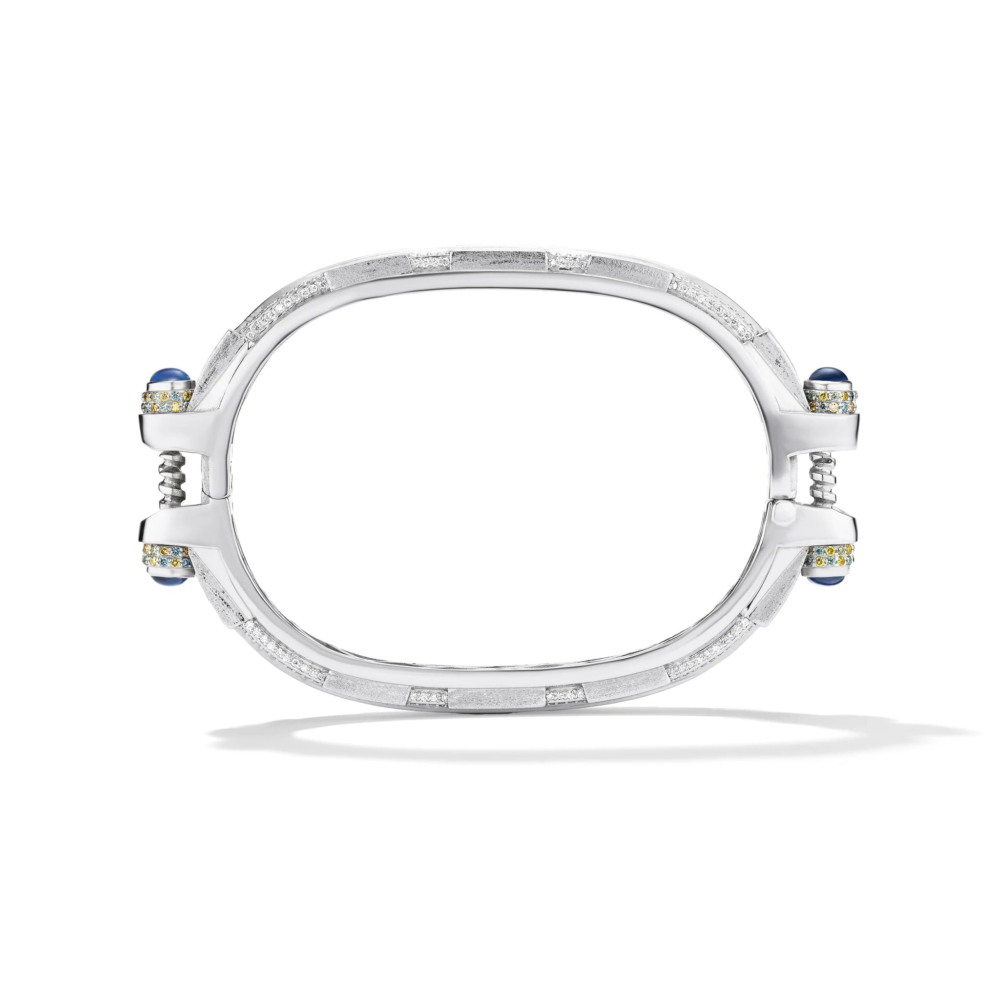 14k white gold diamond and blue sapphire Coupling bracelet, vertical view of hardware-inspired articulated links