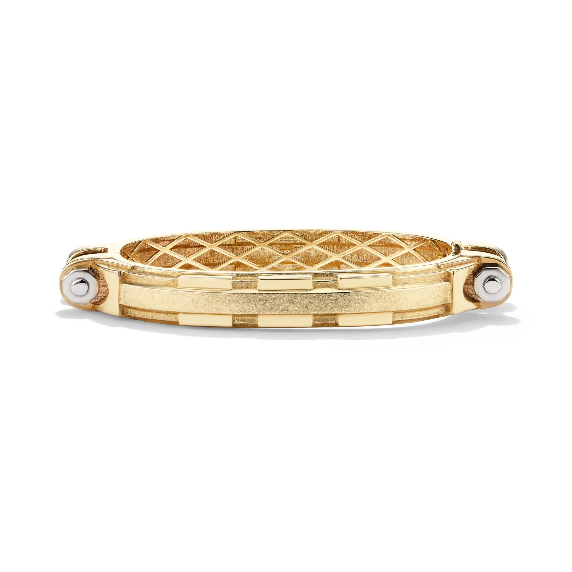 14k yellow gold Coupling bracelet, front view of articulated industrial-inspired chain with white gold bolt accents.   