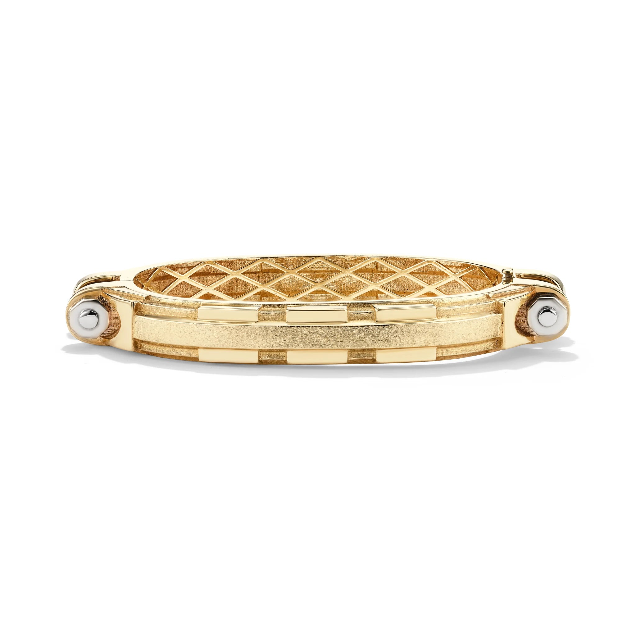 14k yellow gold Coupling bracelet, front view of articulated industrial-inspired chain with white gold bolt accents.   