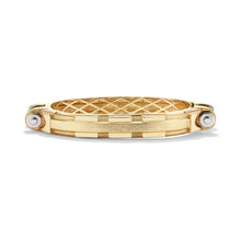 14k yellow gold Coupling bracelet, front view of articulated industrial-inspired chain with white gold bolt accents.   
