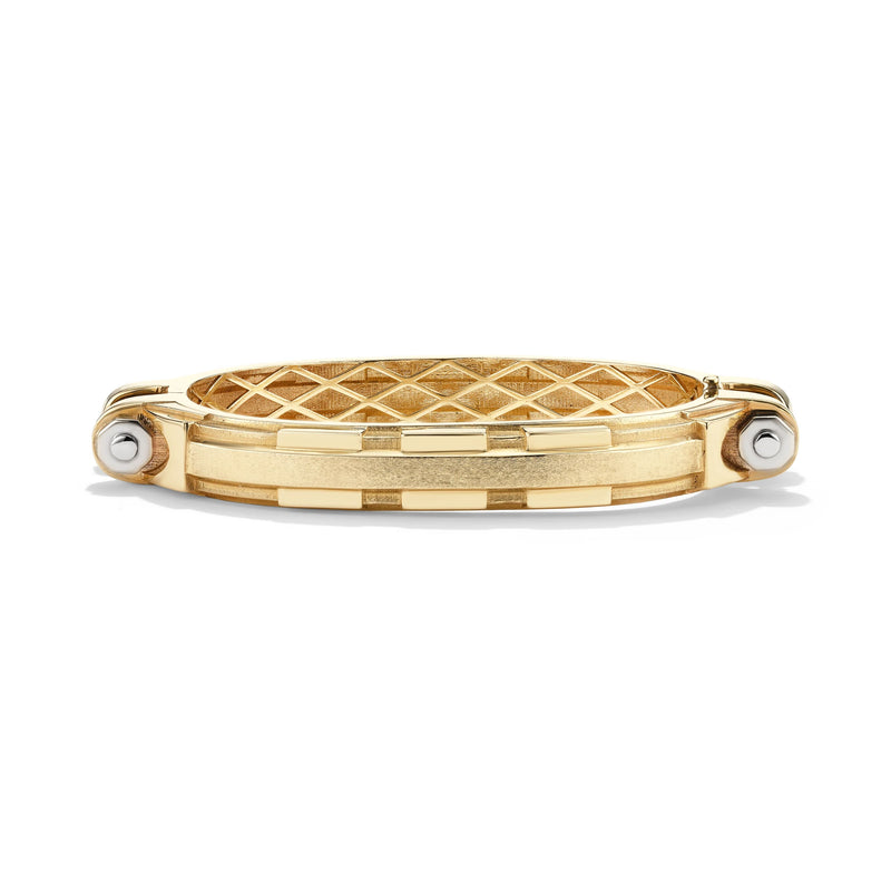 14k yellow gold Coupling bracelet, front view of articulated industrial-inspired chain with white gold bolt accents.   
