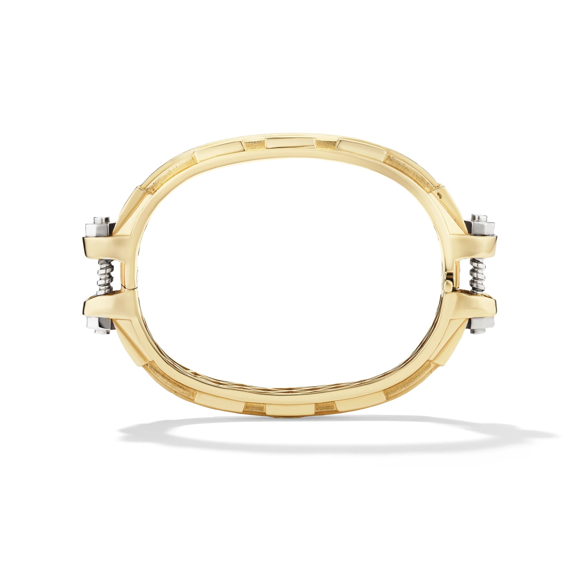 14k yellow gold Coupling bracelet, vertical view of articulated hardware-inspired industrial fine jewelry chain.   