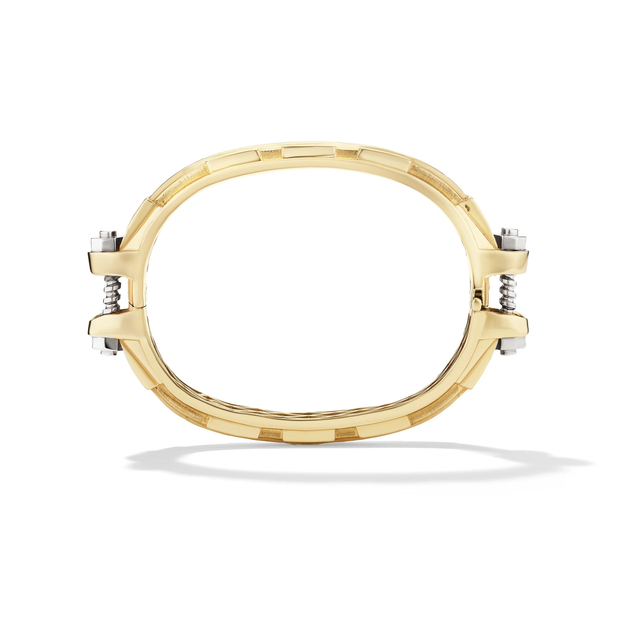 14k yellow gold Coupling bracelet, vertical view of articulated hardware-inspired industrial fine jewelry chain.   