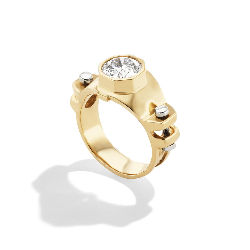 14k yellow gold hexagon diamond cocktail ring, angled view of statement ring with industrial-inspired bolt detail.   