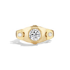 14k yellow gold hexagon diamond cocktail ring, front view of 2-carat center diamond in hexagonal bezel setting.   