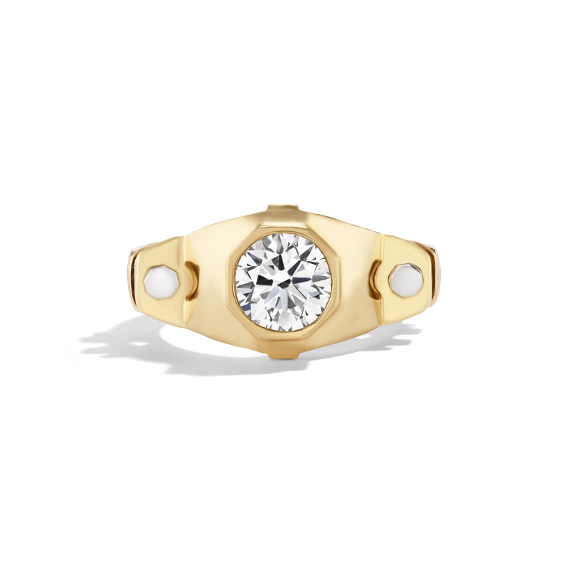 14k yellow gold hexagon diamond cocktail ring, front view of 2-carat center diamond in hexagonal bezel setting.   