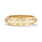14k yellow gold Large Coupling Cuff, front view of bold 1.5-inch wide industrial-inspired sculptural fine jewelry cuff.   