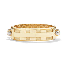 14k yellow gold Large Coupling Cuff, front view of bold 1.5-inch wide industrial-inspired sculptural fine jewelry cuff.   