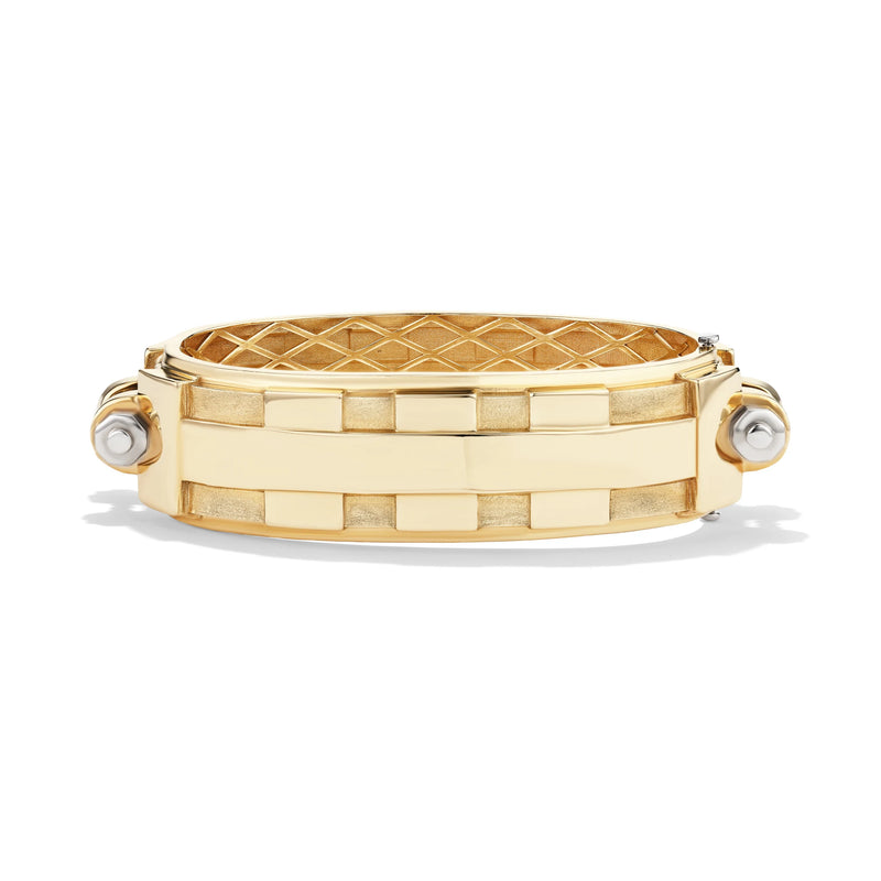 14k yellow gold Large Coupling Cuff, front view of bold 1.5-inch wide industrial-inspired sculptural fine jewelry cuff.   
