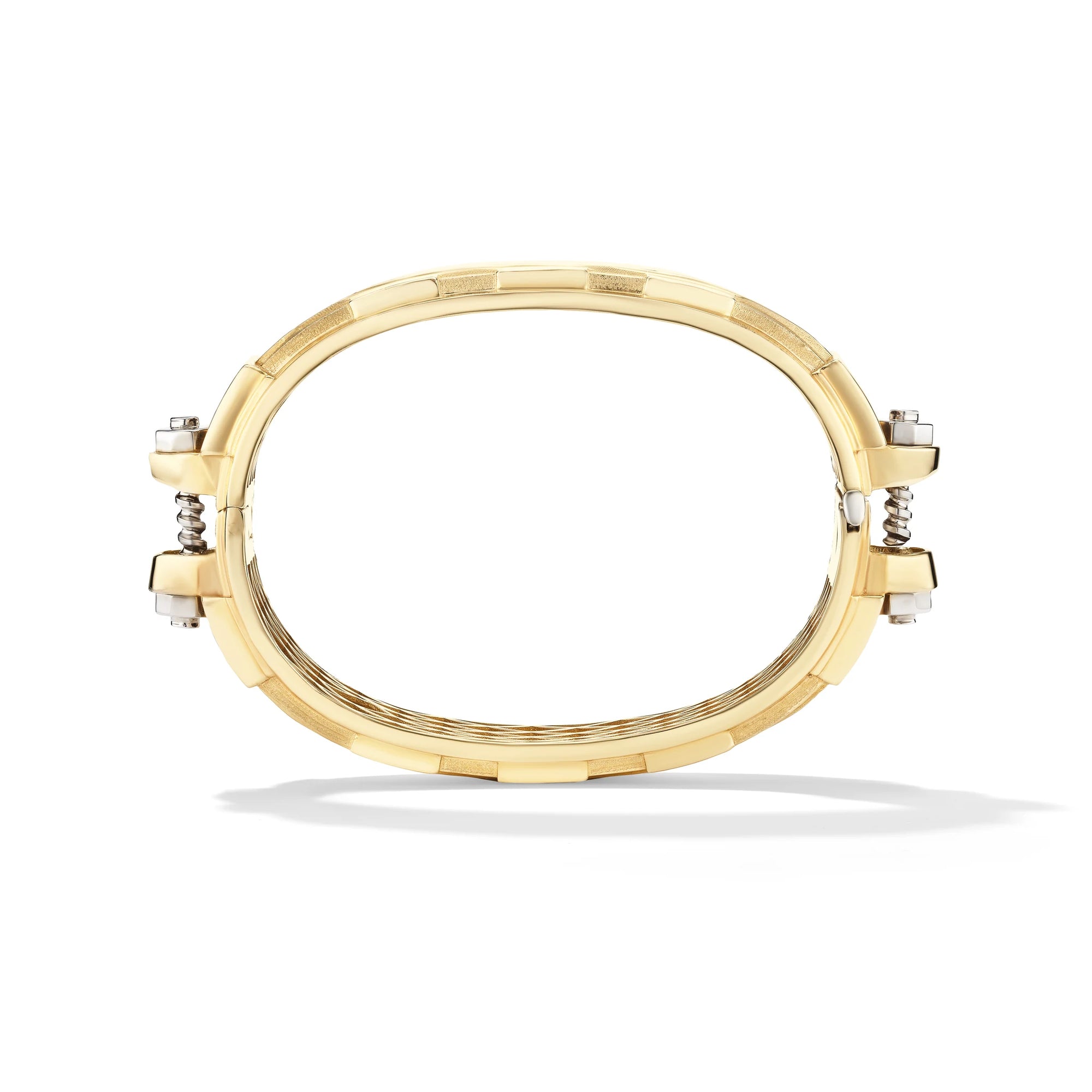 14k yellow gold Large Coupling Cuff, vertical view showing solid sculpted bolt-and-nut hardware-inspired silhouette.   