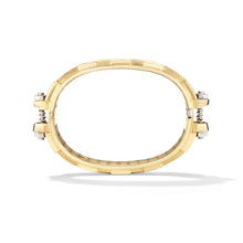 14k yellow gold Large Coupling Cuff, vertical view showing solid sculpted bolt-and-nut hardware-inspired silhouette.   