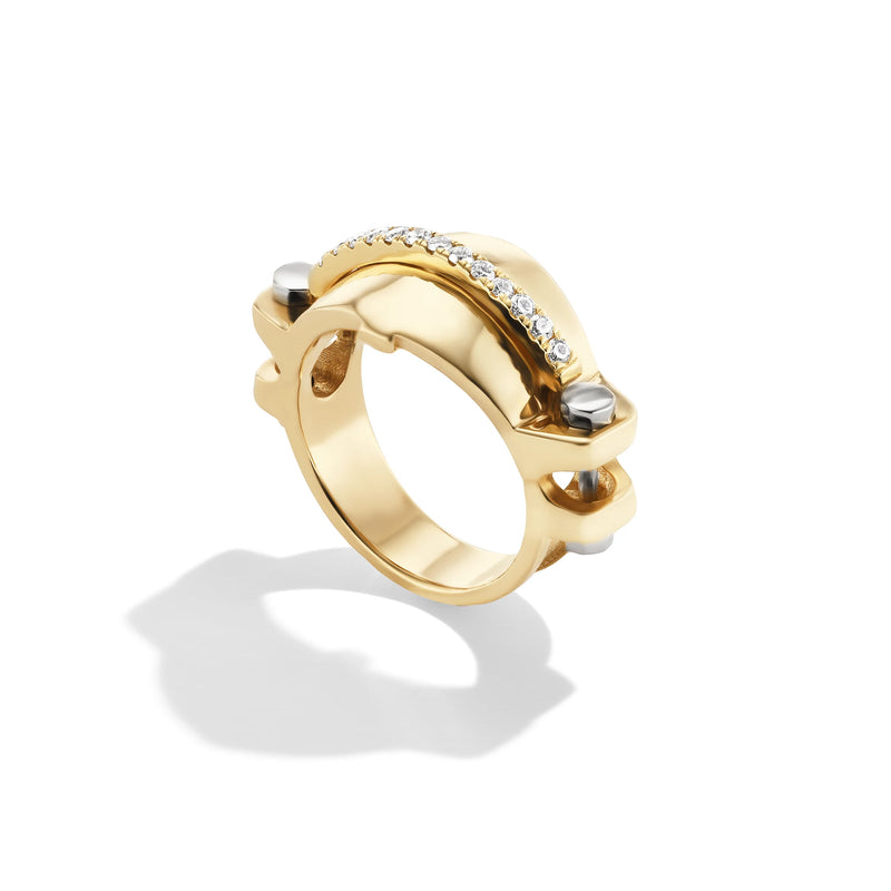 14k yellow gold pavé diamond bar ring, angled view of industrial-inspired hardware band with diamond pavé bar.   