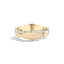 14k yellow gold pavé diamond bar ring, front view of single diamond pavé bar set against polished gold band.   