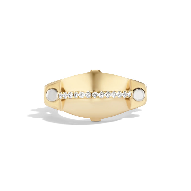 14k yellow gold pavé diamond bar ring, front view of single diamond pavé bar set against polished gold band.   