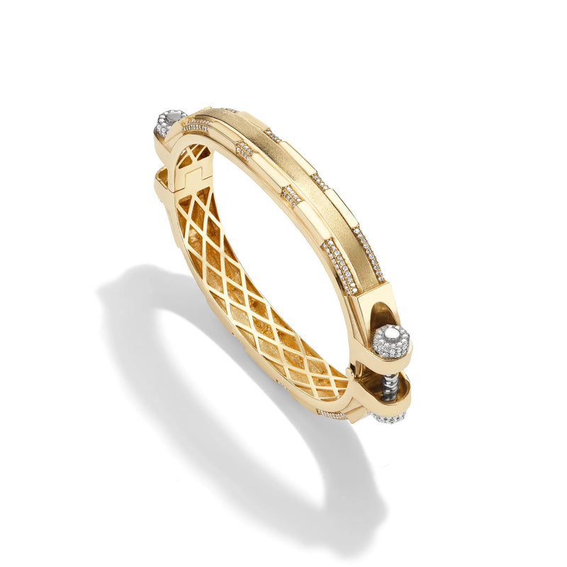 14k yellow gold pavé diamond Coupling bracelet, angled view with diamond pavé bolt heads and lattice gold interior.   