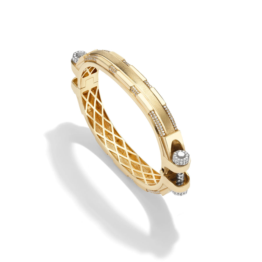 14k yellow gold pavé diamond Coupling bracelet, angled view with diamond pavé bolt heads and lattice gold interior.   