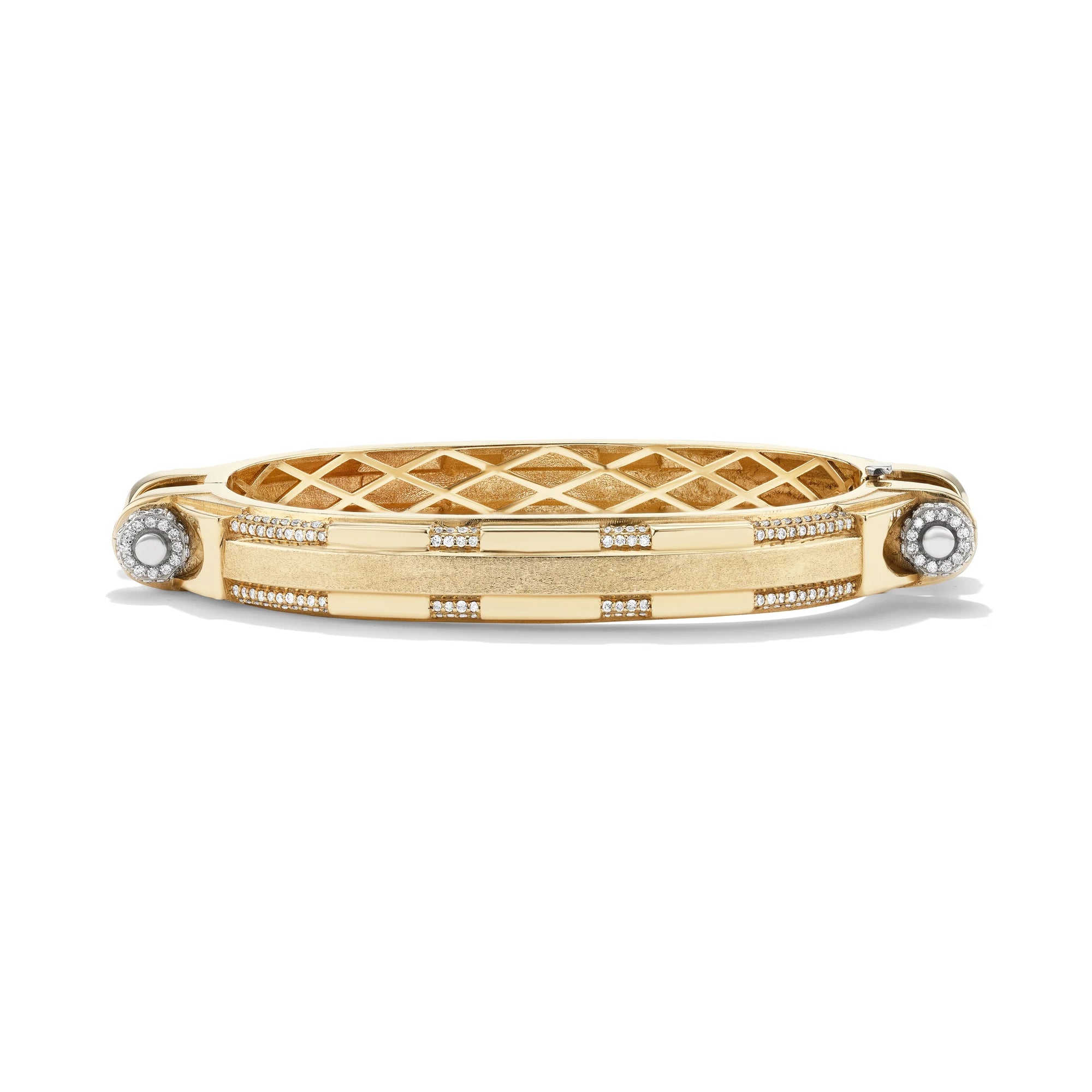 14k yellow gold pavé diamond Coupling bracelet, front view of articulated industrial-inspired chain with diamond pavé.   
