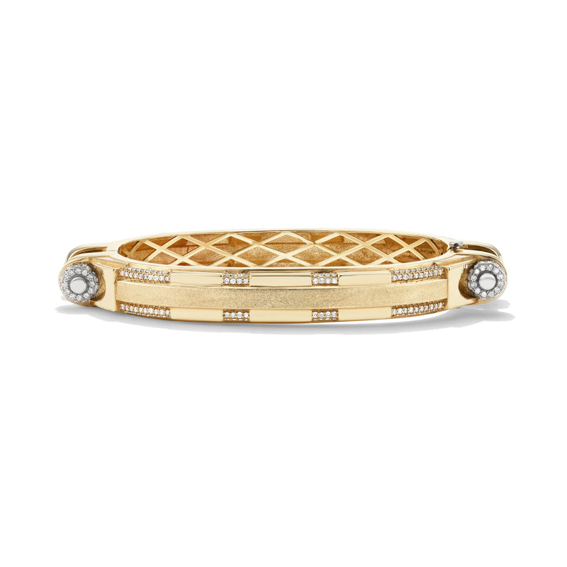 14k yellow gold pavé diamond Coupling bracelet, front view of articulated industrial-inspired chain with diamond pavé.   
