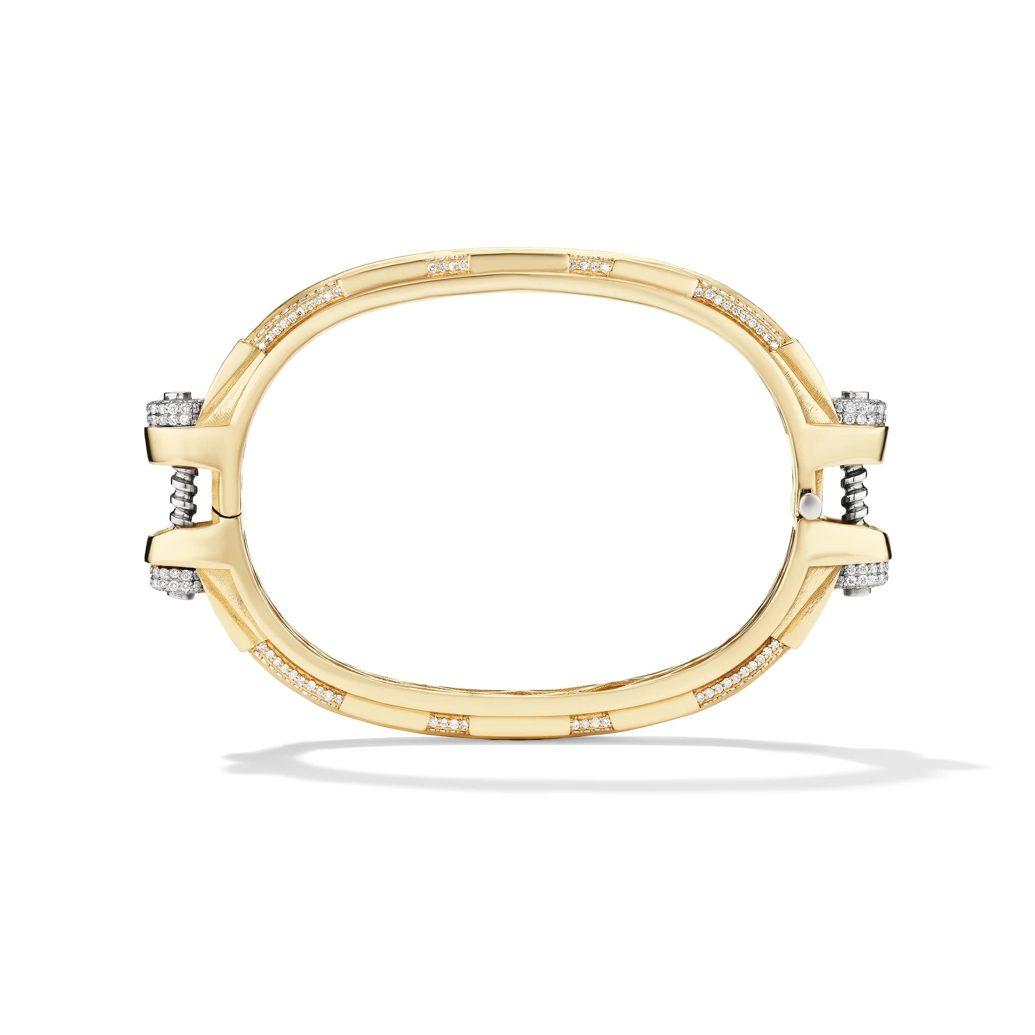 14k yellow gold pavé diamond Coupling bracelet, vertical view of sculpted bolt-and-nut hardware-inspired links