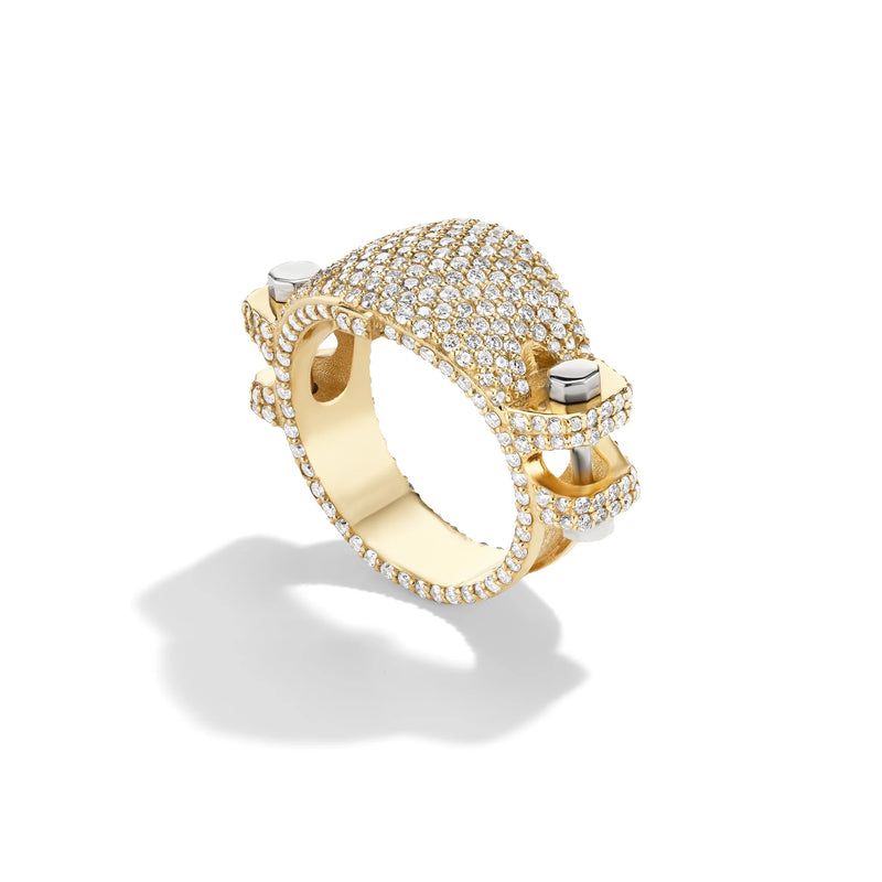 14k yellow gold pavé diamond Coupling ring, angled view of nut-and-bolt design with continuous diamond pavé.   