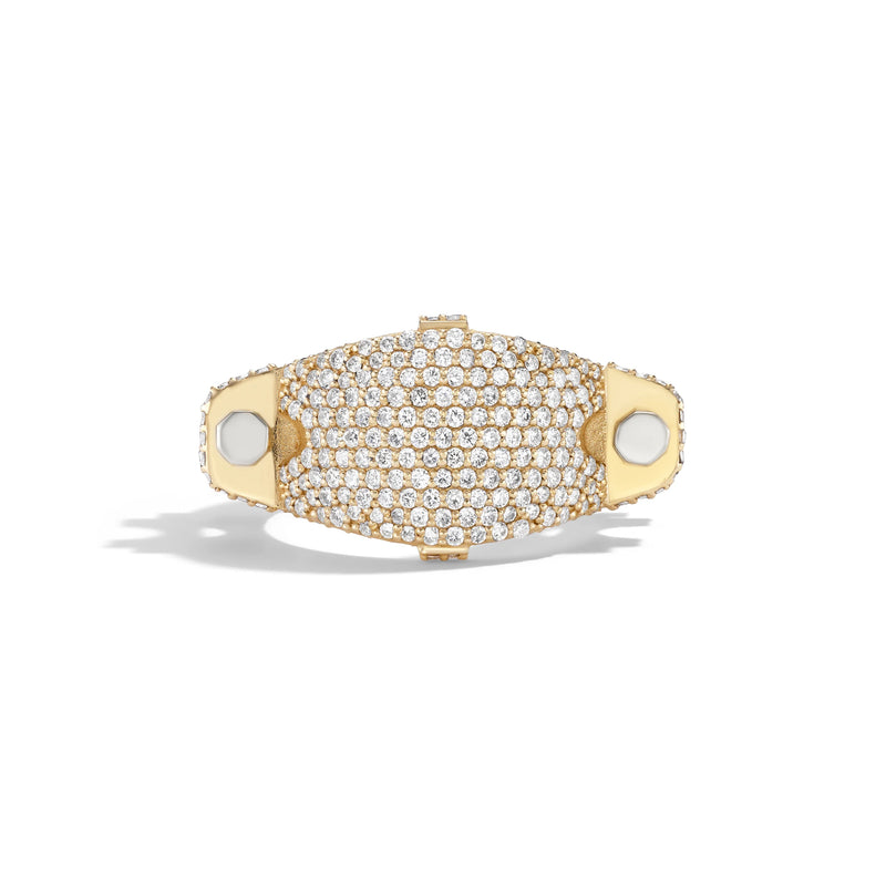 14k yellow gold pavé diamond Coupling ring, front view of full diamond pavé band with hardware-inspired bolt details