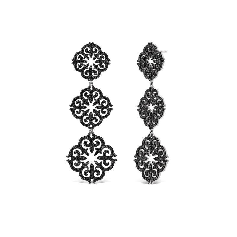 14k White Gold Black Diamond Three-Piece Ornamental Earrings