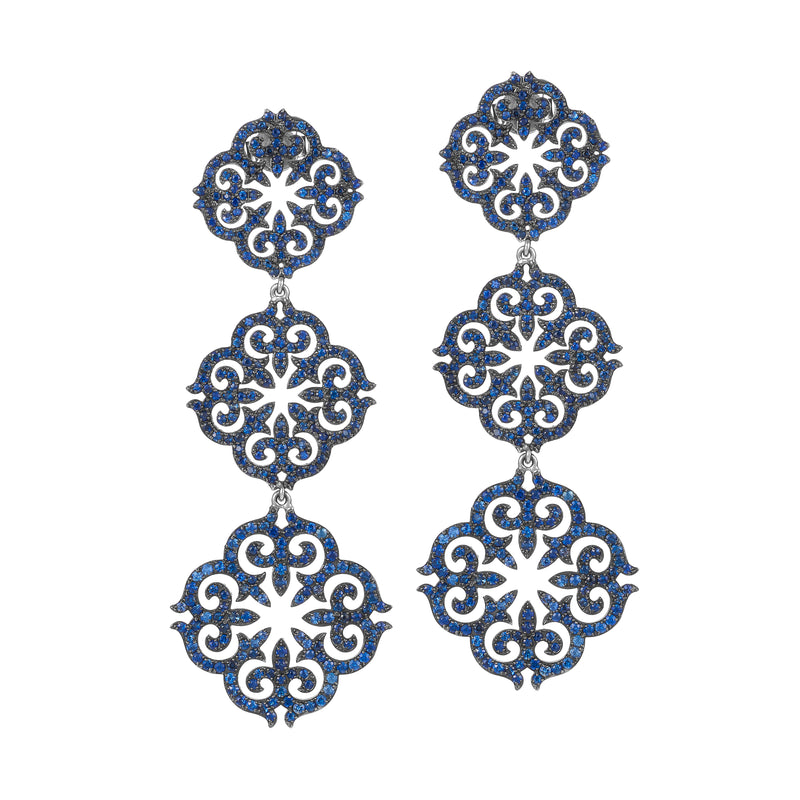 14k White Gold Blue Sapphire Three-Piece Ornamental Earrings