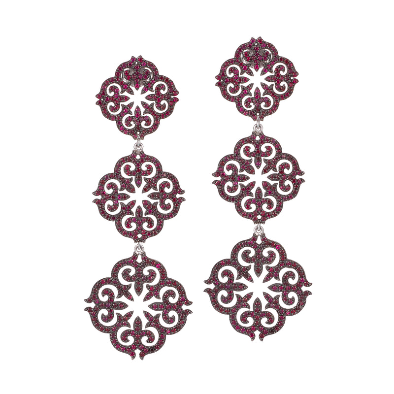 14k White Gold Ruby Three-Piece Ornamental Earrings