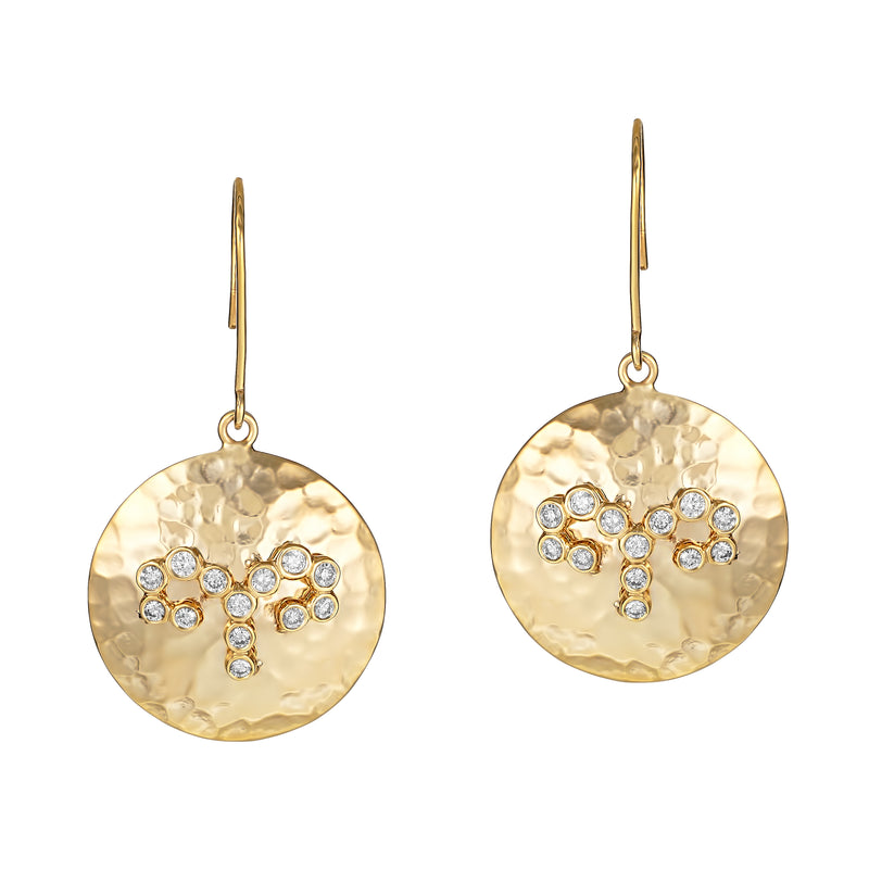 14k Yellow Gold Hammered Disc Diamond Drop Earrings