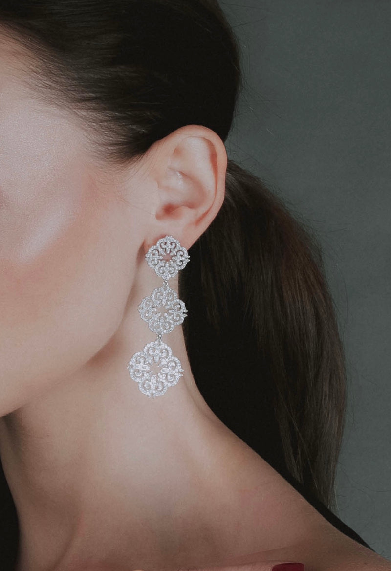 14k White Gold Diamond Pavé Three-Piece Ornamental Earrings