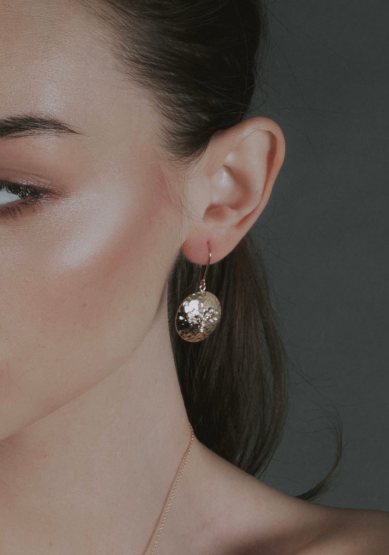 14k Yellow Gold Hammered Disc Diamond Drop Earrings